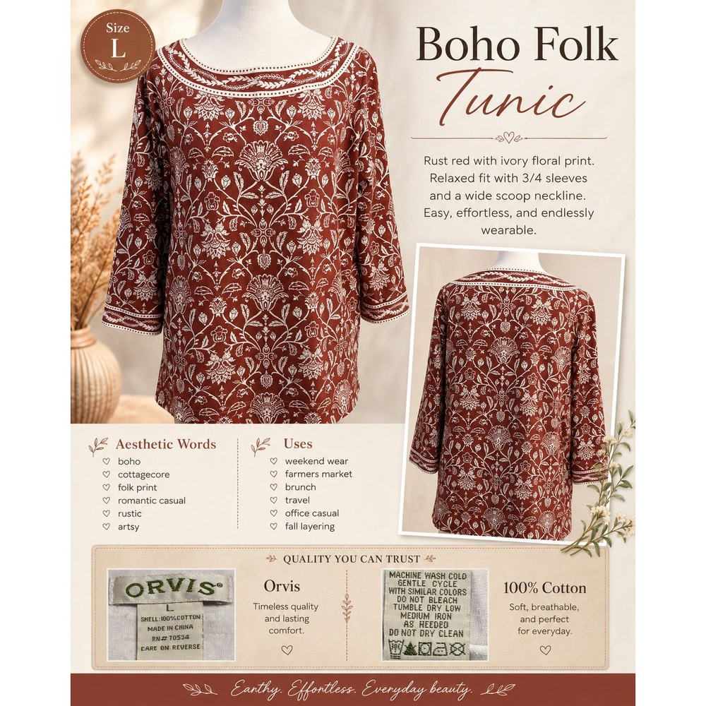 Orvis Red White Floral Damask Cotton Tunic Top Boat Neck 3/4 Sleeve Size L Boho
